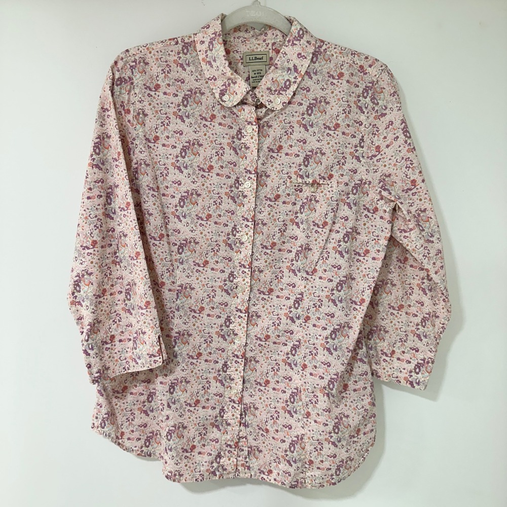 L.L. Bean Floral Button Down‎ Shirt Mens Medium Pink 3/4 Sleeve | Cottagecore